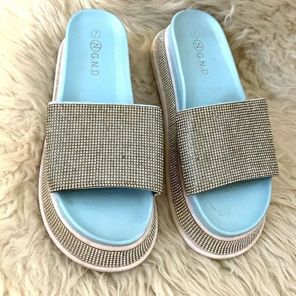 Rhinestone Embellished Slide Platform Sandals 7 - Picture 2 of 8